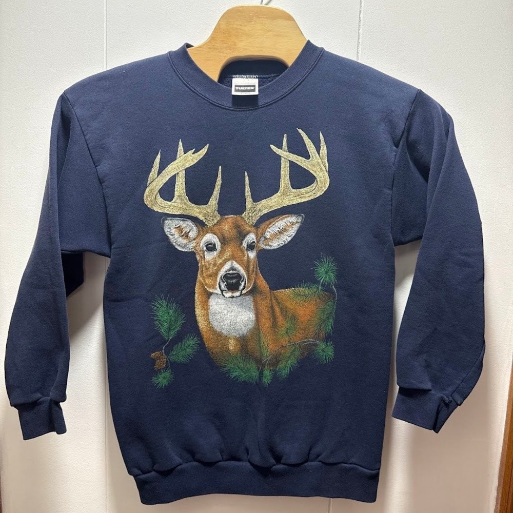 Vintage Tultex Deer Buck Graphic Sweatshirt Navy Blue Made in USA Mens XL
